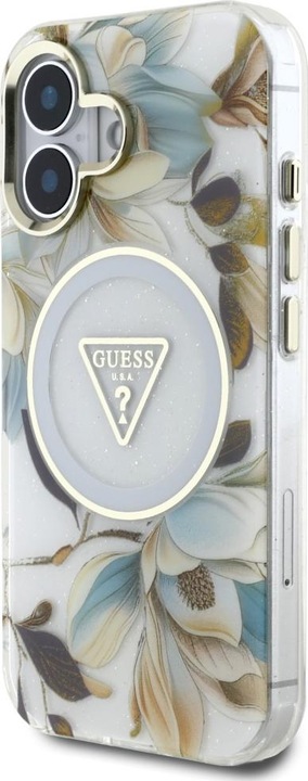 Produktbild Guess Glitter Flowers Triangle Buttons MagSafe case for iPhone 16 white (Apple iPhone 16)