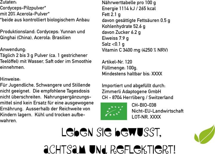 Produktbild Zimmerli Adaptogene Cordyceps Pulver (BIO) (1 Stück, Pulver, 100 g)