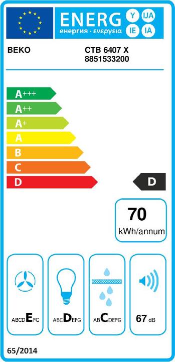 Energielabel Beko CTB 6407 X Afzuigkap Inbouw Roestvrij Staal ³/h E (Wandkap)