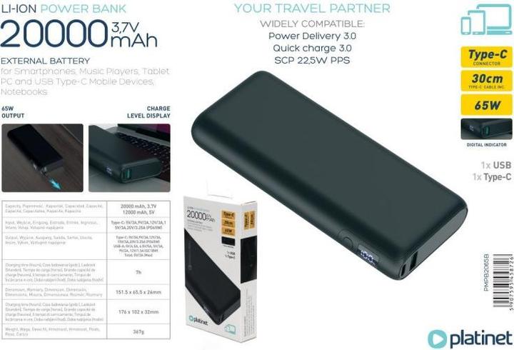 Produktbild Platinet Powerbank LED-Anzeige Schwarz (20000 mAh, 65 W, 65 Wh)