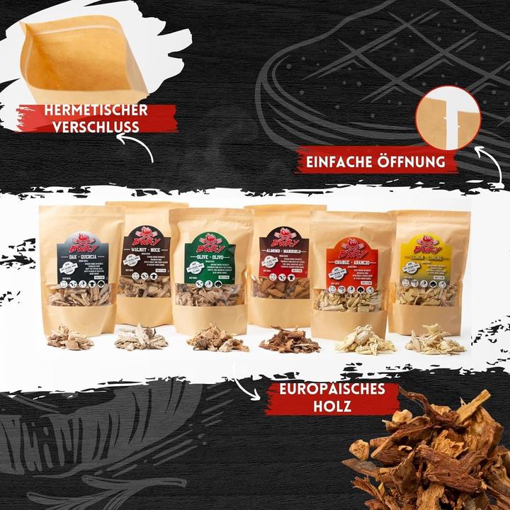 Actual product image BWay 6-teiliges Räucherchips-Set: Olive, Orange, Mandel, Zitronen, Walnuss und Eiche