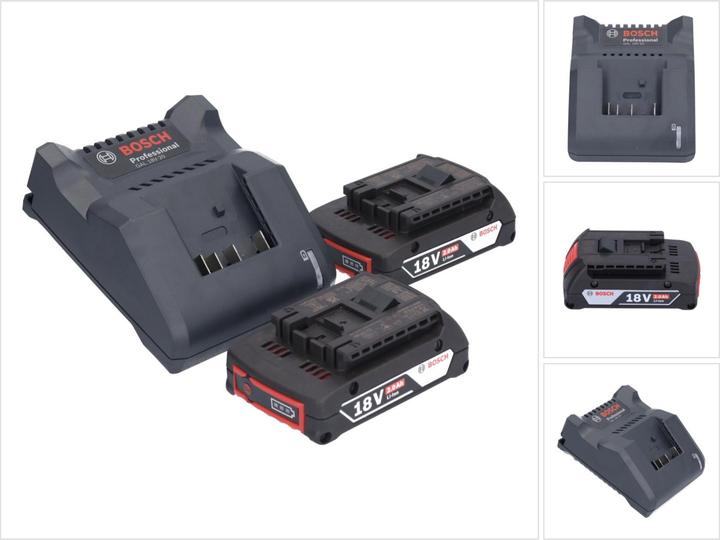 1x Bosch GAL 18V-20 battery charger (2607226281), 2x Bosch GBA 18 V 2.0 Ah battery (1600Z00036)