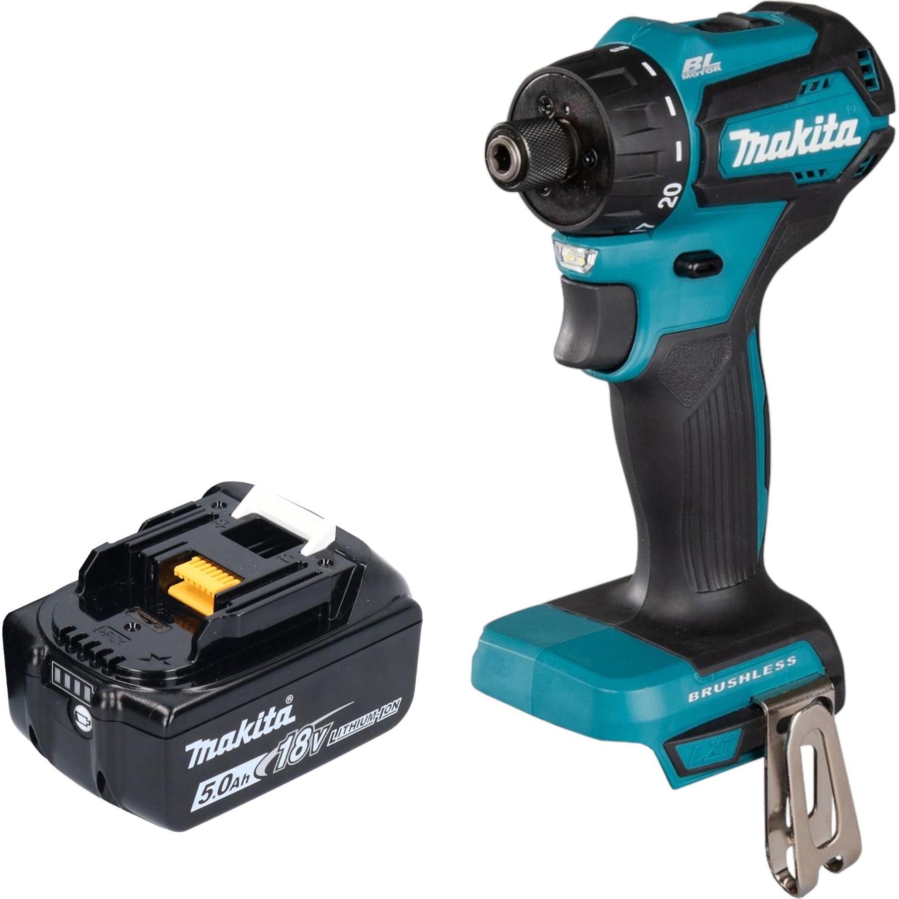 Makita, Bohrmaschine + Akkuschrauber, DDF 083 T1 Akku Bohrschrauber 18 V 40 Nm 1/4" Brushless + 1x Akku 5,0 Ah - ohne La...