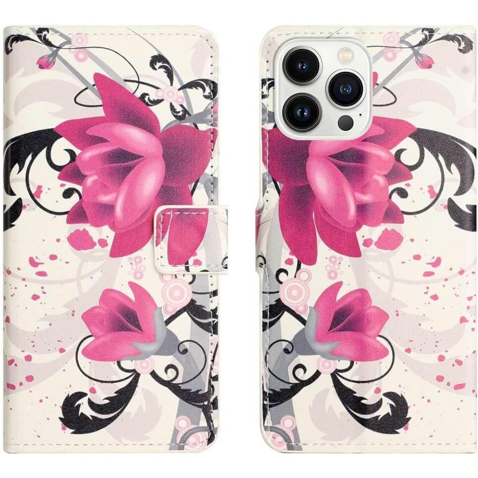 Cover-Discount iPhone 14 Pro - Leder Etui Hülle Lotus Blüte (Apple iPhone 14 Pro), Smartphone Hülle, Blau