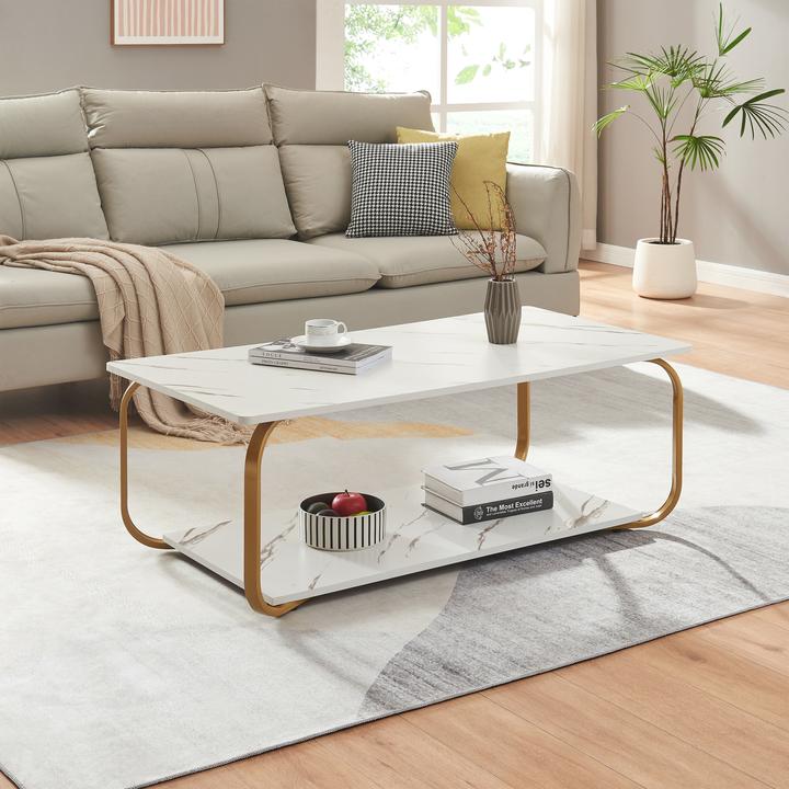 Produktbild En.Casa Couchtisch Kolta 120x60x43 cm Marmoroptik, Weiss/Gold