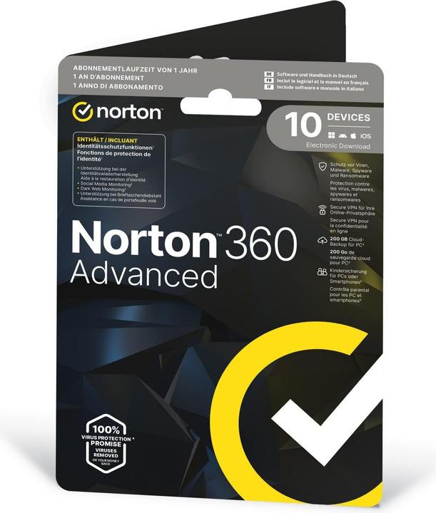 Norton 360 Advanced Sleeve, 10 dispositivi, 1 anno, 200GB di archiviazione cloud (1 Utente, 12 mesi)