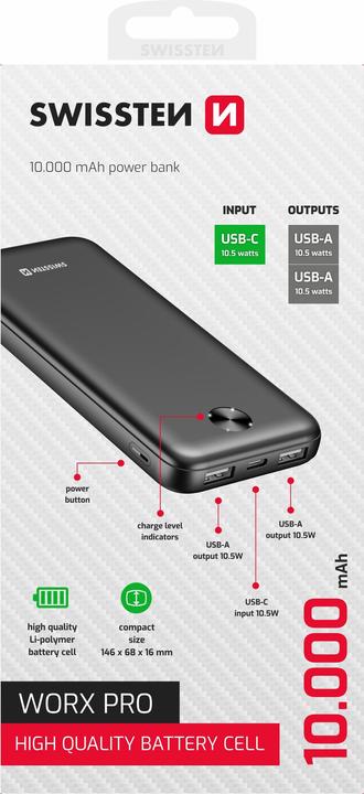 Actual product image Swissten Power Bank 10000 Mah Worx Pro Black (10000 mAh, 10.50 W, 37 Wh)