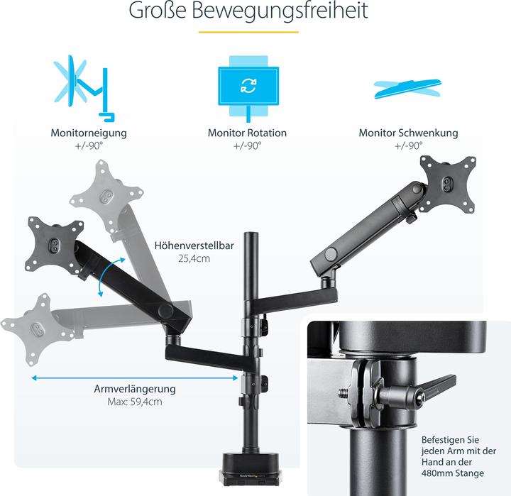 Produktbild StarTech com ARMDUALPIVOT, Klemme, 16 kg, 81,3 cm (32 Zoll), 100 x 100 mm, Höhenverstellung, Schwarz (Tisch, 32", 16 kg)