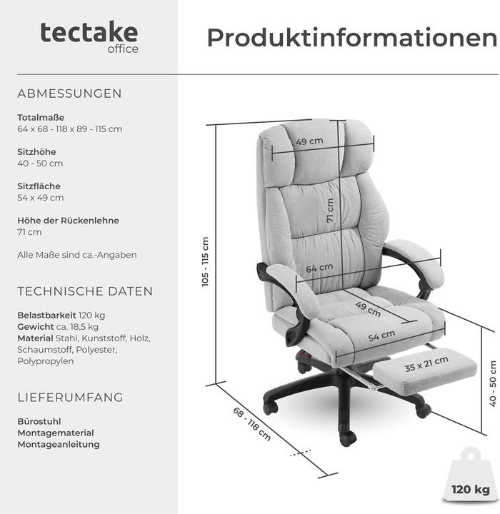 Produktbild tectake Bürostuhl Jillien mit Fussstütze und Velourbezug