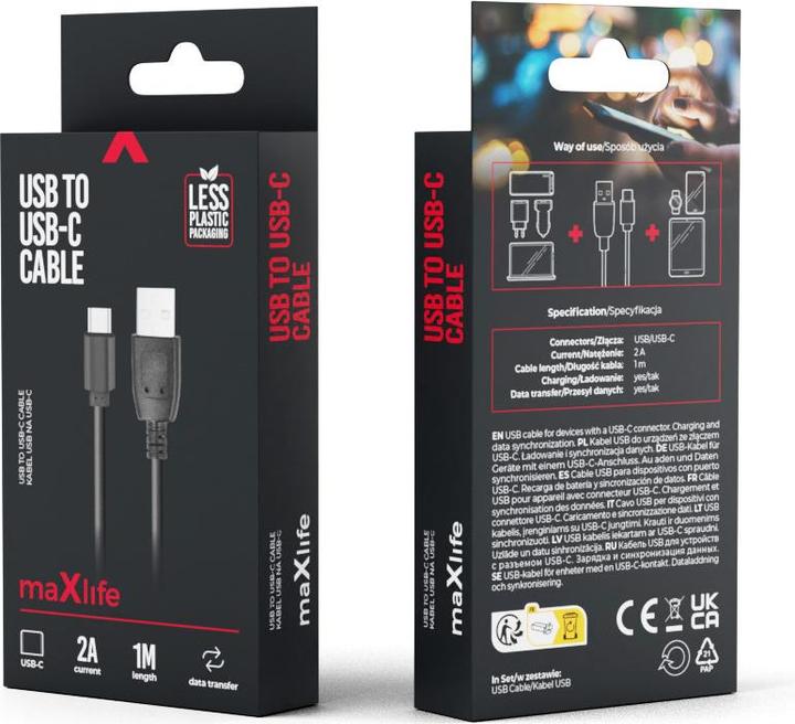 Produktbild Maxlife Kabel USB - USB-C 1,0 m 2A schwarz (1 m, 10 W)