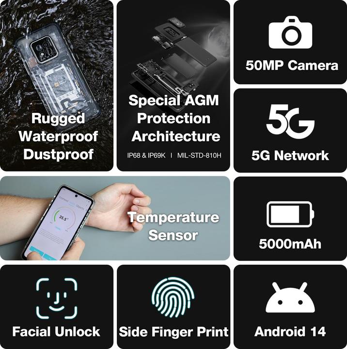 Image du produit Bea-Fon AGM MOBILE X6 Phantom 8+128GB Outdoor Smartphone 5G (128 Go, Noir, 6.78", Double SIM, 5G)