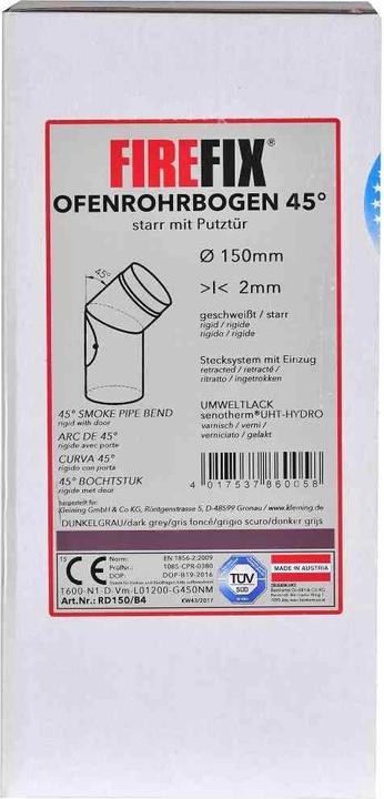 Actual product image FireFix RD150/B4 Stovepipe bend made of 2 mm thick steel (flue pipe) in 150 mm diameter, for chimney ovens.