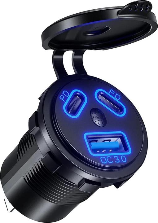 Produktbild Daier USB Einbaubuchse | 1 x USB-A, 2 x USB-C PD | Quick Charge 3.0 mit On-/Off-Schalter & Status-LED