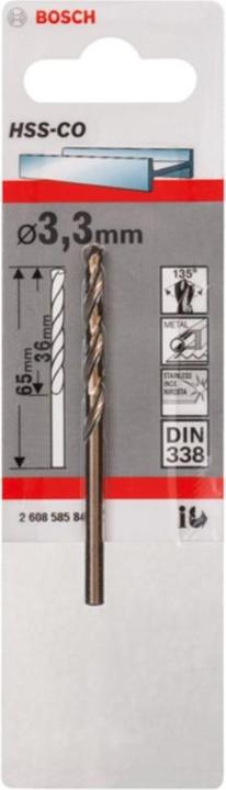 Produktbild Bosch Professional Zubehör Metallbohrer HSS-Co, DIN 338, 3,3 x 36 x 65 mm, 1er-Pack (3 mm)
