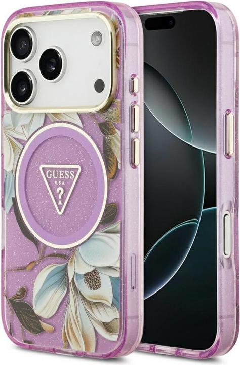 Produktbild Guess Case Magsafe IML Case Glitter Flowers And Triangle With Metal Camera Frame And Buttons For iPh (Apple iPhone 17 Pro Max)