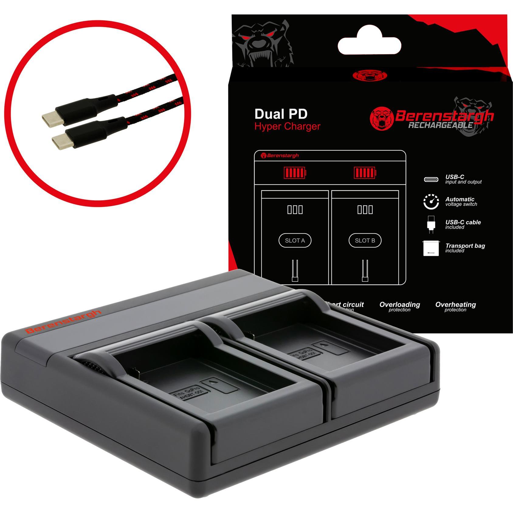 Berenstargh Dual PD Hyper Ladegerät f. GoPro AHDBT-001 USB-C in/out Powerbankfunktion, Accessori action cam, Nero