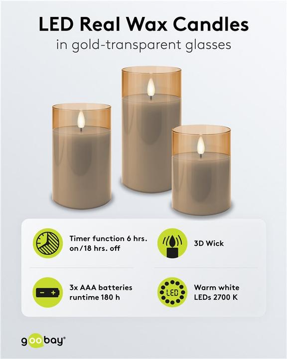Actual product image Goobay 3er-Set LED-Echtwachs-Kerzen im Glas, gold-transparent (3 x)