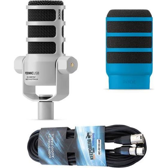 RØDE Mikrofon Podmic USB Weiss mit WS14B Popschutz Blau und Kabel, Mikrofon