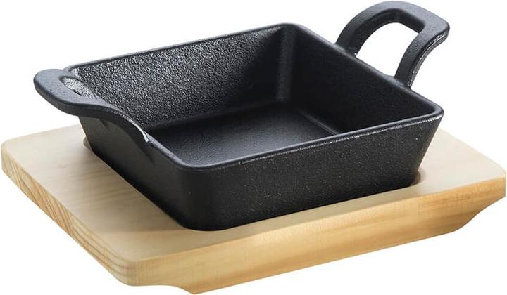 Image du produit All'Grill Poêlon en fonte -carré- avec 2 poignées 14 x14 cm et dessous de plat en bois