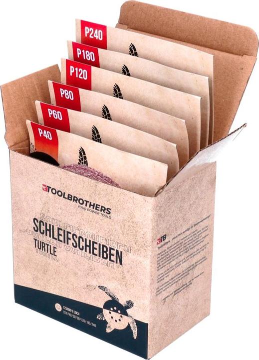Actual product image Tool Brothers TURTLE grinding set 125mm Velcro 8 hole each 10x P40 / P60 / P80 / P120 / P180 / 240 for har (P80, P180, P240, P60, P120, P40)