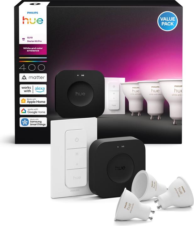Image du produit Philips Hue Starter Kit Bridge Pro + LED White & Color Ambiance (GU10, 400 lm, 3 x)