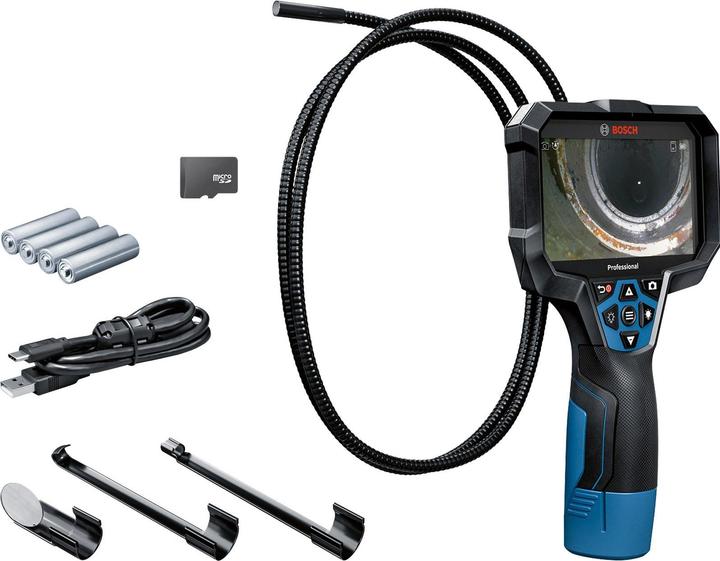 Scheda Micro SD (32 GB), Cavo USB-C, 4x 1, Batteria LR6 da 5V (AA), Uncino, Magnete, Specchio, Adattatore per batterie, Cavo della telecamera per GIC