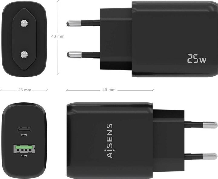 Actual product image Aisens CARGADOR 25W 1XUSB-C PD3.0 1XUSB-A QC3.0 NEGRO (25 W, 1 portion)