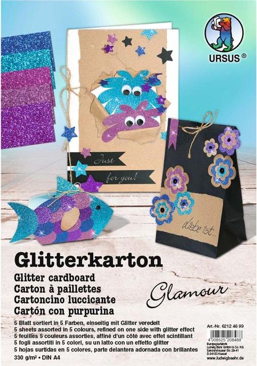 Actual product image Ursus Glitter cardboard Glamour A4, 330 g/m², 5 sheets, multicoloured (330 g/m², 1x)
