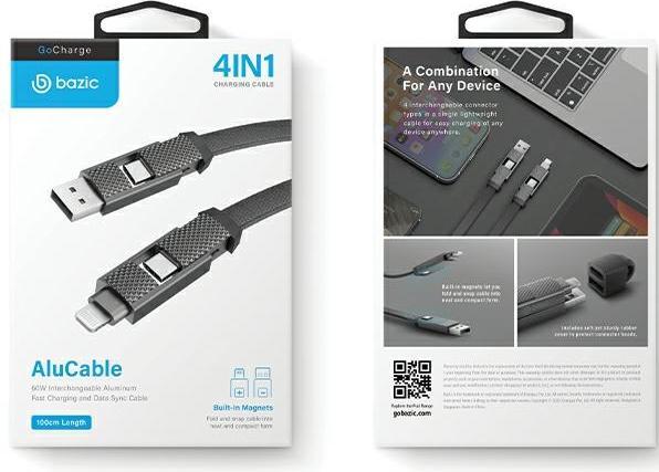 Actual product image Energea Bazic cable GoCharge Alucable 4w1 (USB-A/USB-C - USB-C/Lightning) 1m czarny/black 60W 3A PD (1 m, USB 3.0, 60 W)