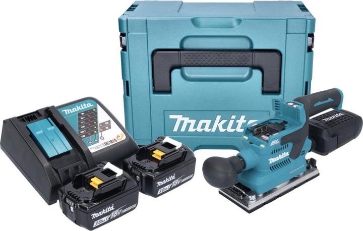 Produktbild Makita DBO 382 RFJ Akku Schwingschleifer 18 V 93 x 185 mm Brushless + 2x Akku 3,0 Ah + Ladegerät + (Schwingschleifer, 200 W)