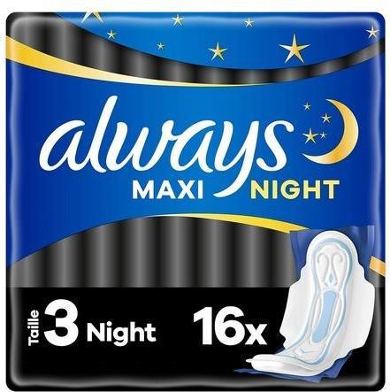 Produktbild Always Maxi Nacht mit Flügeln Sehr Reichlich Nachtfluss Ultra Saugfähig Herz- und Auslaufsichere Barrieren (16 x)