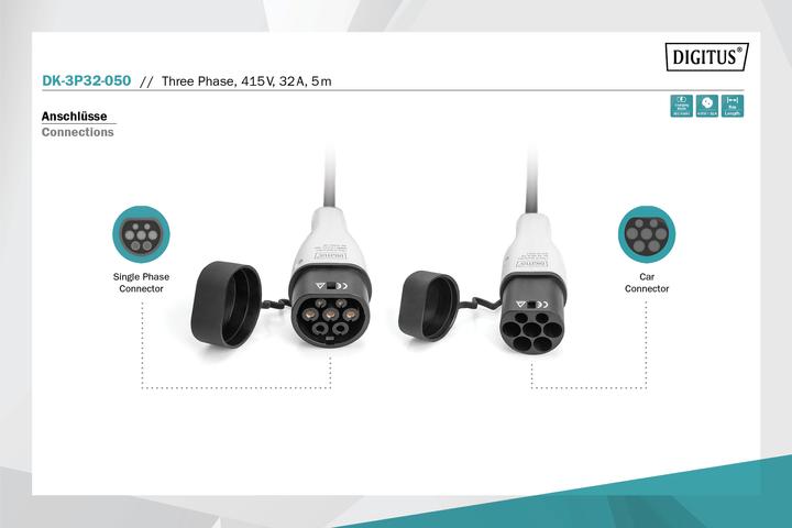 Produktbild Digitus Dreiphasiges 32A - Ladekabel Typ 2 auf Typ 2 (Typ 2, 22 kW, 32 A, 5 m)