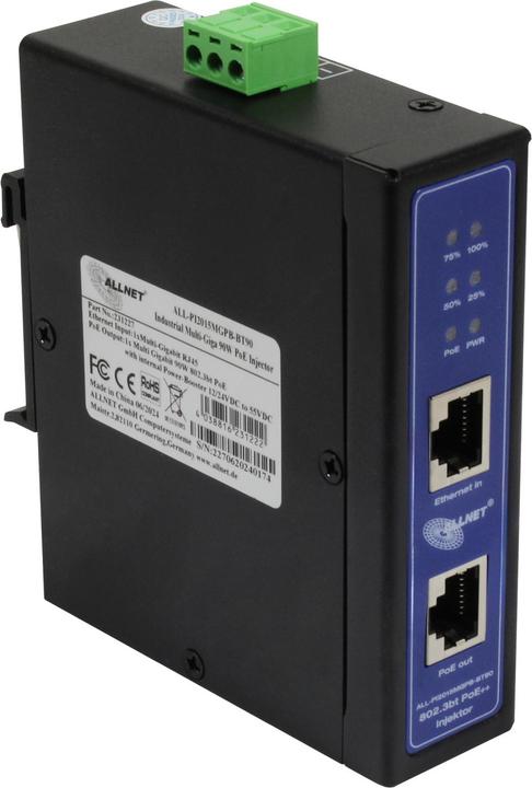 Actual product image Allnet PoE Injector Industrial MultiGigabit - PoE BT with Power Booster (15.4W/30W/90W) - DIN - ALLN (802.3af (PoE), 802.3at (PoE+), 802.3bt (PoE++), 90 W)