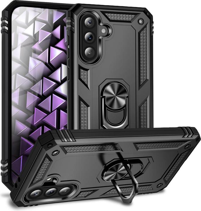 Produktbild Nalia RingDefend - Schwarze Panzerhülle mit 360-Grad Finger-Halter & Ständer - Military Style Cover (Samsung Galaxy A36)