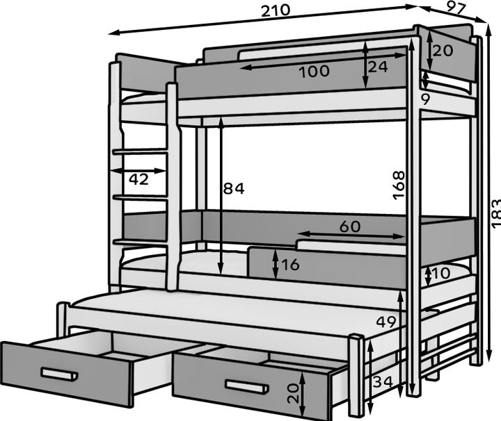 Produktbild ADRK Furniture Etagenbett verdreifachen mit Matratzen QUEEN 200x90 (90 x 200 cm)