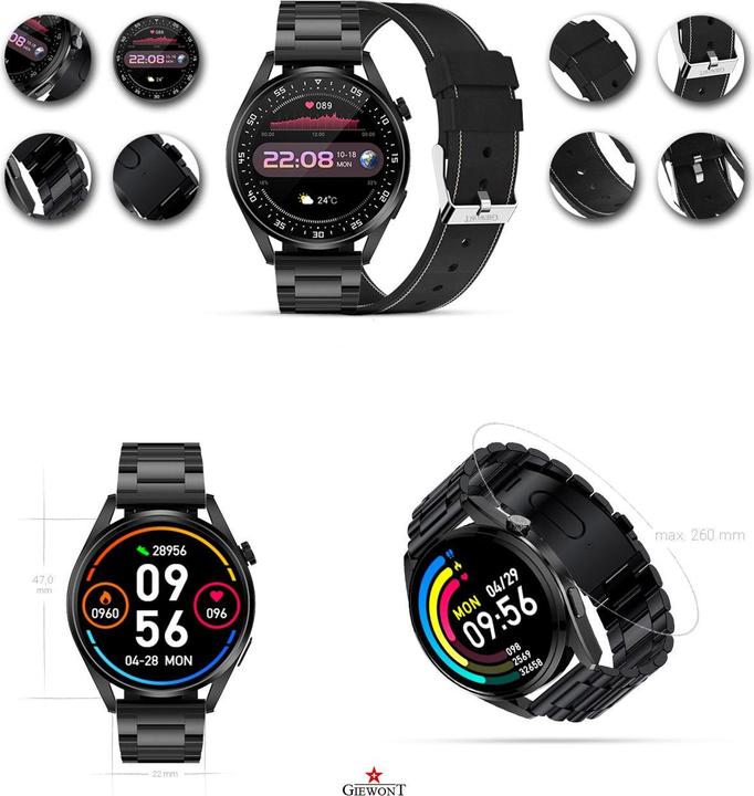 Actual product image Giewont Smartwatch Smartwatch GW450-2 Czarny + Pasek Czarny Skórzany (39.90 mm, 3G)
