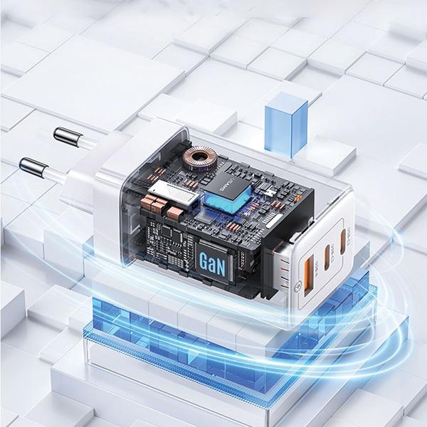Actual product image Usams Ład. siec. 2xUSB-C+1xUSB 65W (only head) GaN PD3.0 +QC3.0 Fast Charging fioletowy/gradient pur (65 W, 3 ports)