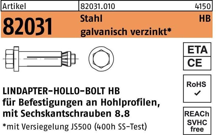 Produktbild Lindapter Hohlraumdübel R 82031 m.6-kantschraube HB 08-2 ( 70/41) 8.8 galvanisch verzinkt (1 Stk.)