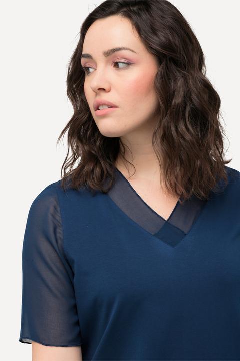 Actual product image Ulla Popken Chiffon Paneled Short Sleeve V-Neck Tee (58)