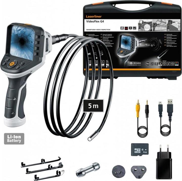 VideoFlex G4 XXLCamera 5 m Li-Ion Akkupack Netz-, Ladegerät inkl. internat. Adapter USB-Kabel 4 GB Micro-SD-Karte Videoverbindungskabel TopClips TopGuide Tragekoffer