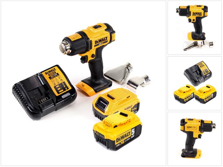 1x pistola ad aria calda a batteria DeWalt DCE 530 N 18V - 1x ugello per superfici - 1x ugello con riflettore - 2x batteria da 5,0 Ah - 1x caricabatterie