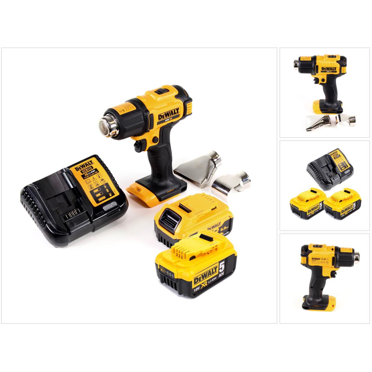 DeWalt, Essiccatore ad aria calda, DCE 530 P2 Pistola termica a batteria 18V 530°C + 2x batteria ricaricabile 5.0Ah + 1x caricatore +