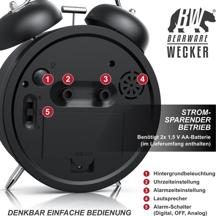Produktbild Bearware Analoger Wecker klassisches Design, lauter Weckton, ohne Ticken, Batteriebetrieb, metall, schwarz