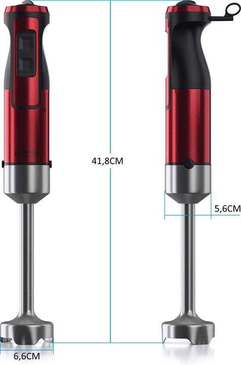 Produktbild Arendo Stabmixer 1000W, Edelstahl Pürierstab in Rot, Handmixer mit Becher, stufenlose Regelung, DC Motor
