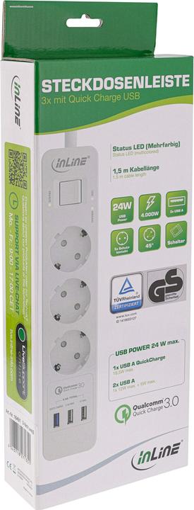Produktbild InLine Steckdosenleiste 3-fach Schutzkontakt mit Ueberspannungsschutz und USB QuickCharge Schalter 1,5m... (3x, USB-A, 1.50 m)