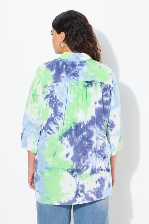 Image du produit Ulla Popken Chemisier en lin mélangé à imprimé Batik, col de chemise et manches 3/4 (54)