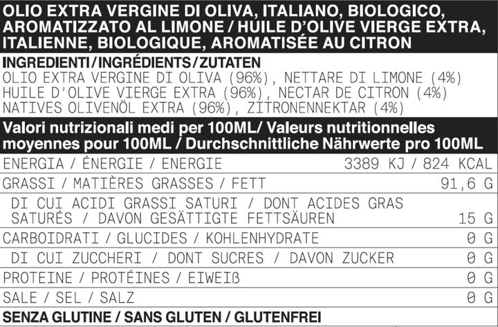 Nutritional values and ingredients Ólixir Extra virgin olive oil with lemon (25 cl)