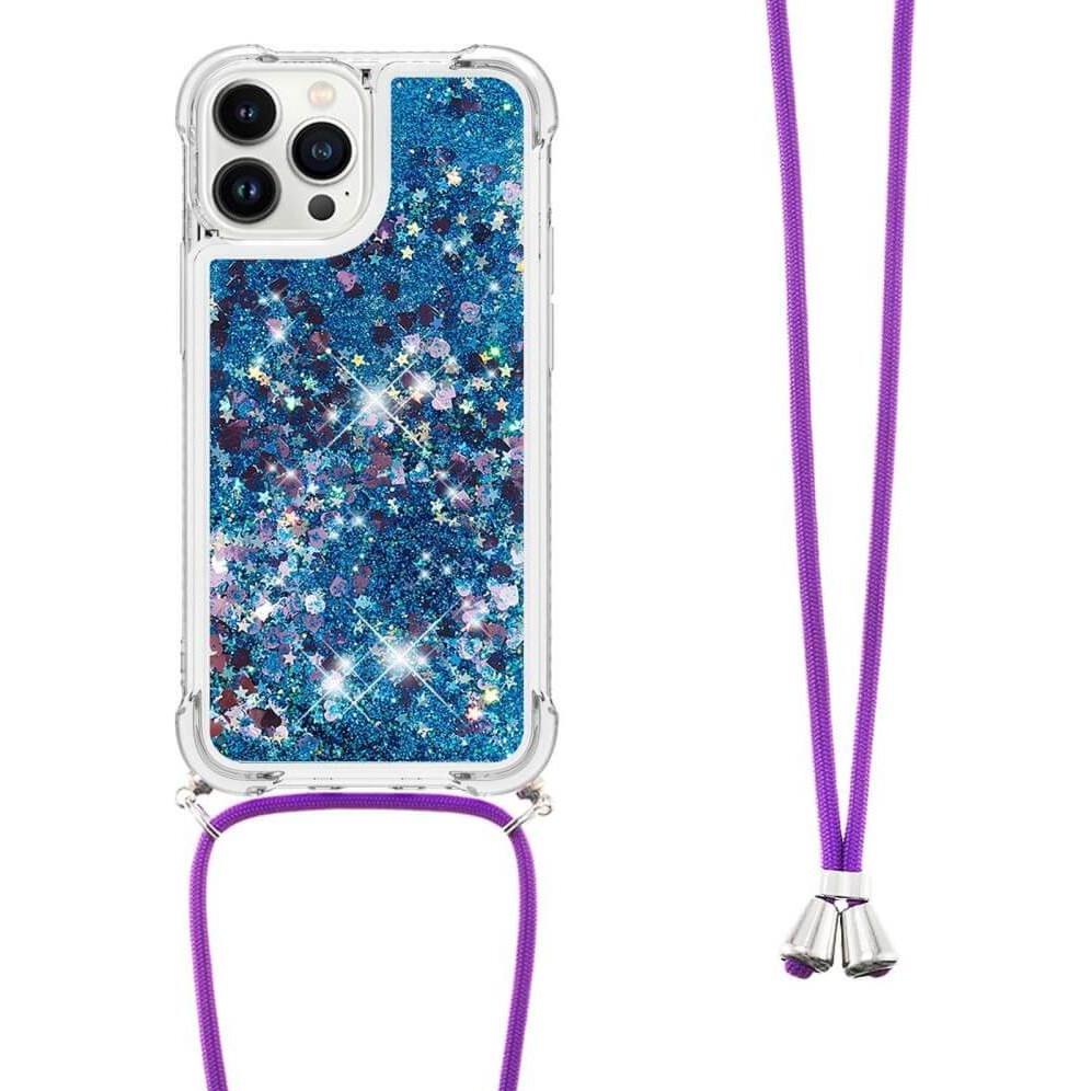 Cover-Discount iPhone 15 Pro Max - Glitzer Hülle mit Umhängeband blau (Apple iPhone 15 Pro Max), Smartphone Hülle, Blau