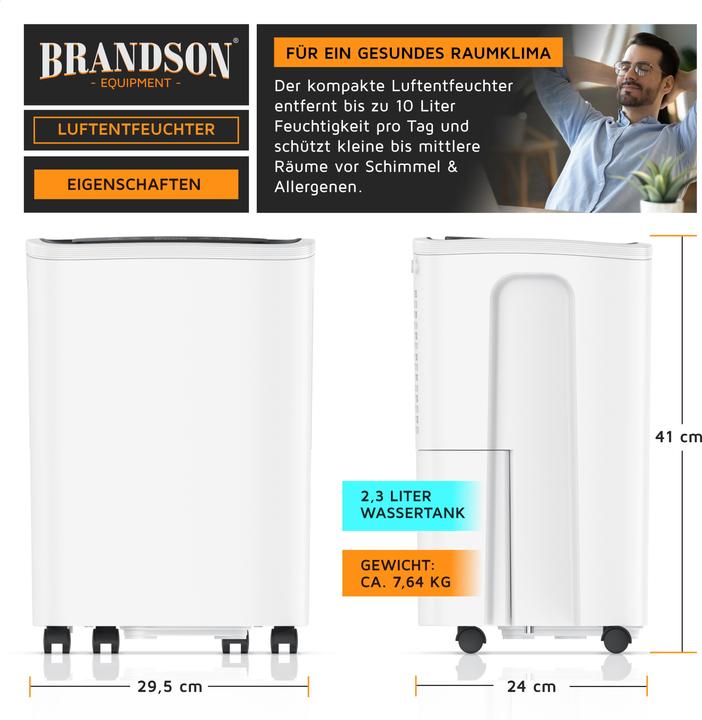 Produktbild Brandson Luftentfeuchter mit Kompressor, 10L pro 24h, Dehumidifier elektrisch, für 40 m³ Räume, Tank 2,3 L (20 m², 10 l/24h)