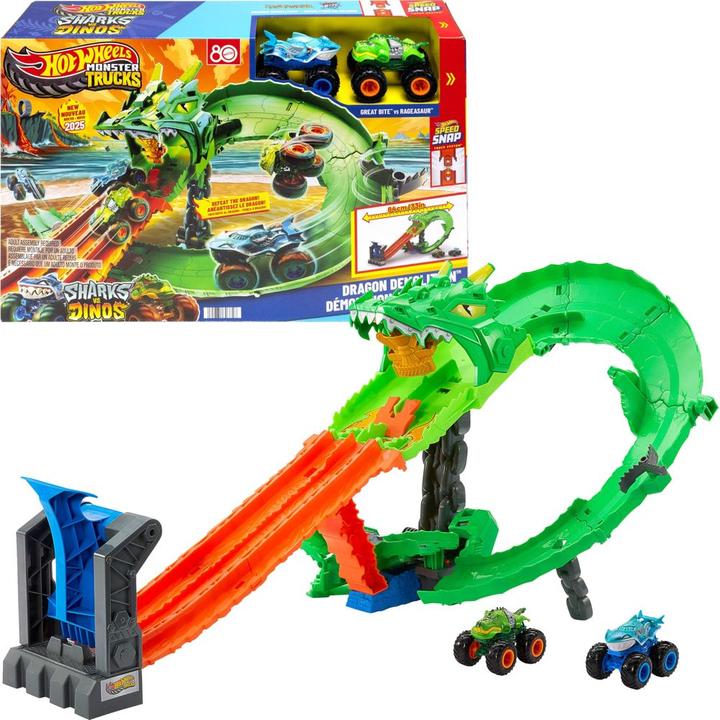 Actual product image Hot Wheels Monster Trucks Sharks vs. Dinos Dragon Destruction